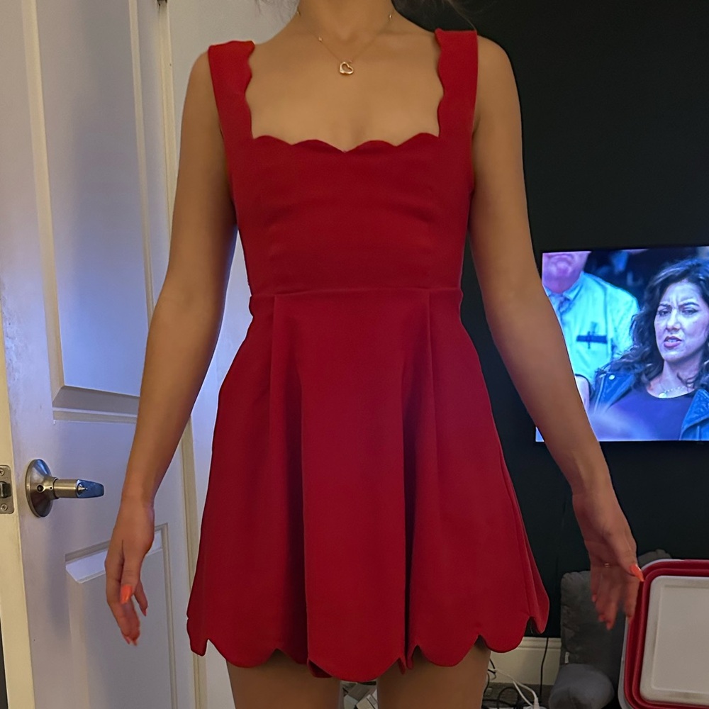 Nasty gal holiday dress with scalloped neck, stretchy and has pockets OBO